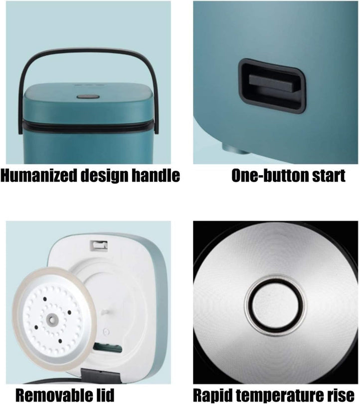 "Mini rice cooker and steamer, compact design for 1-2 people, 1.2L capacity, in green, ideal for small kitchens or travel."