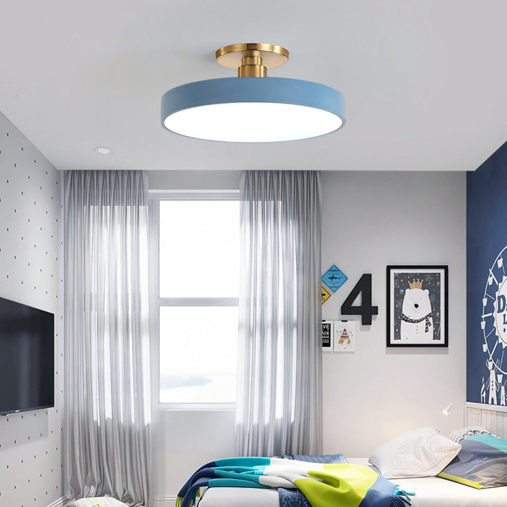 "Minimalist LED ceiling light, semi-flush design, brightens spaces with elegant style and energy-efficient glow."
