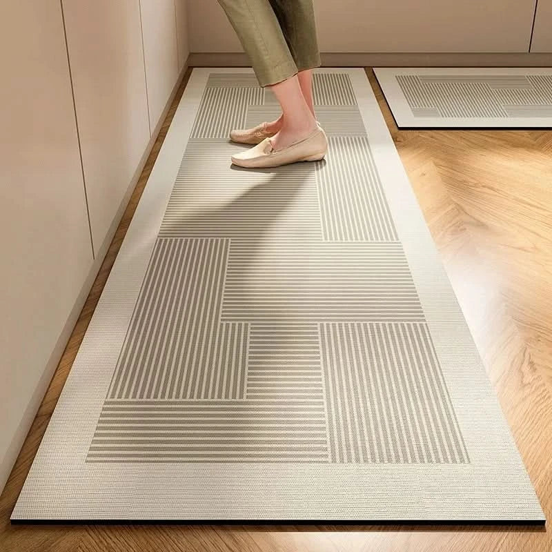 View of a contemporary non-slip kitchen mat, offering anti-fatigue comfort and enhancing home decor.
