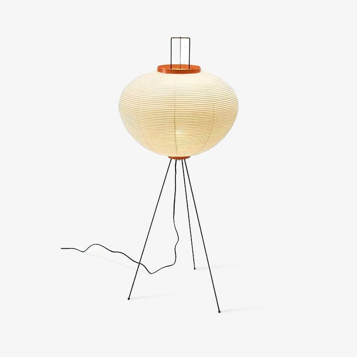 "Minimalist rice paper floor lamp with sleek metal frame and soft diffused light, perfect for creating a warm ambiance."