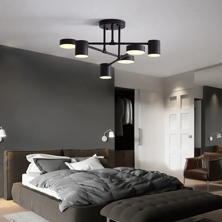 "Modern 6-light ceiling lamp with sleek geometric design and adjustable light modes for stylish, balanced home illumination."