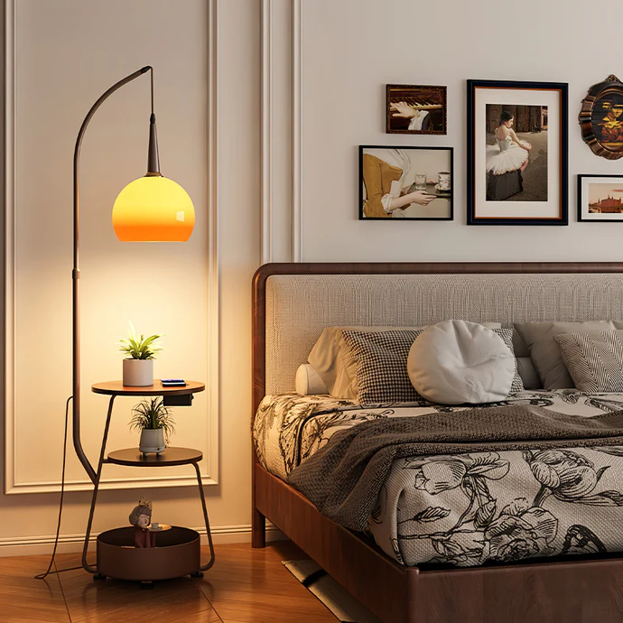 "Modern bedside lamp with Bauhaus design, metal and wood finish, warm ambient lighting, perfect for stylish bedrooms."