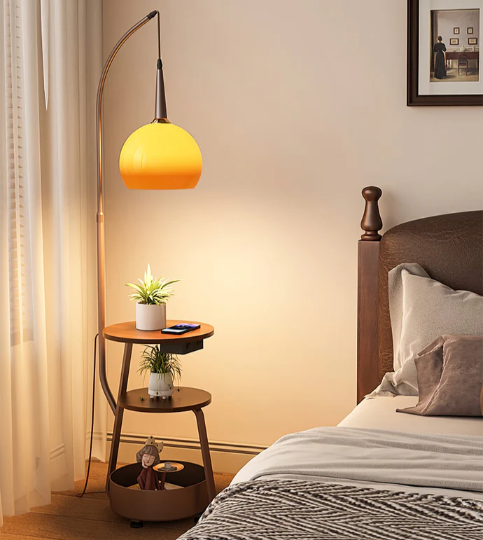 "Modern bedside lamp with Bauhaus design, metal and wood finish, warm ambient lighting, perfect for stylish bedrooms."