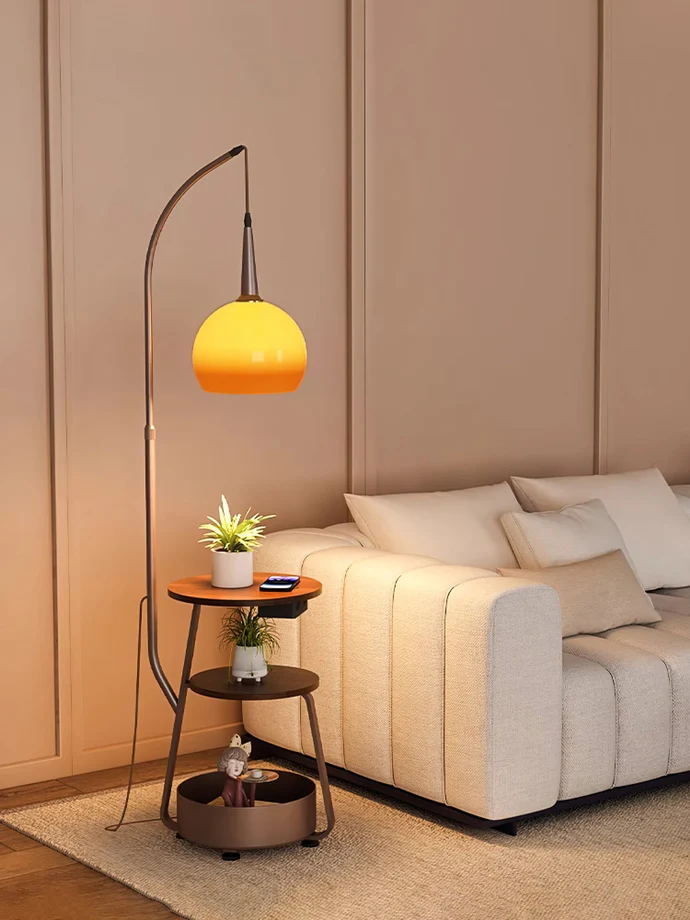 "Modern bedside lamp with Bauhaus design, metal and wood finish, warm ambient lighting, perfect for stylish bedrooms."