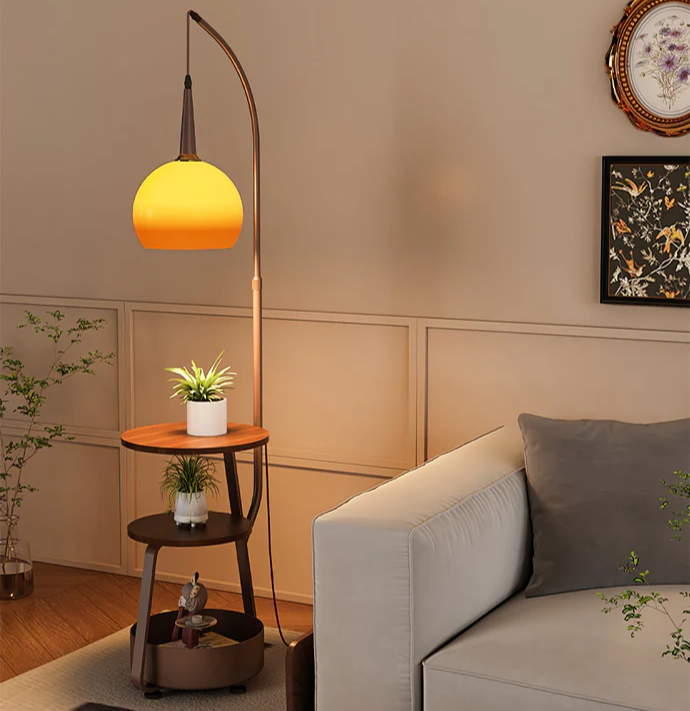 "Modern bedside lamp with Bauhaus design, metal and wood finish, warm ambient lighting, perfect for stylish bedrooms."