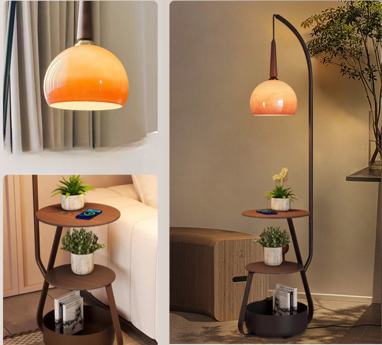 "Modern bedside lamp with Bauhaus design, metal and wood finish, warm ambient lighting, perfect for stylish bedrooms."