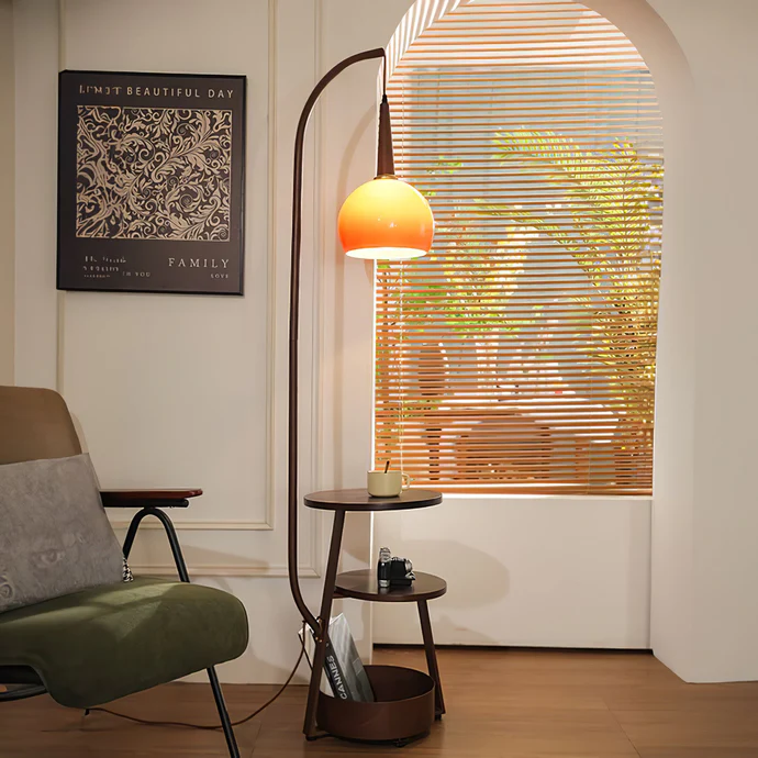 "Modern bedside lamp with Bauhaus design, metal and wood finish, warm ambient lighting, perfect for stylish bedrooms."