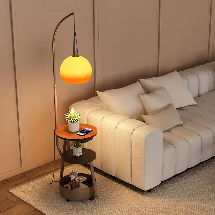 "Modern bedside lamp with Bauhaus design, metal and wood finish, warm ambient lighting, perfect for stylish bedrooms."