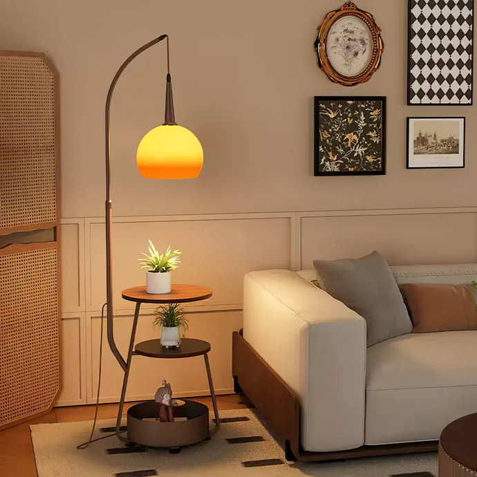 "Modern bedside lamp with Bauhaus design, metal and wood finish, warm ambient lighting, perfect for stylish bedrooms."