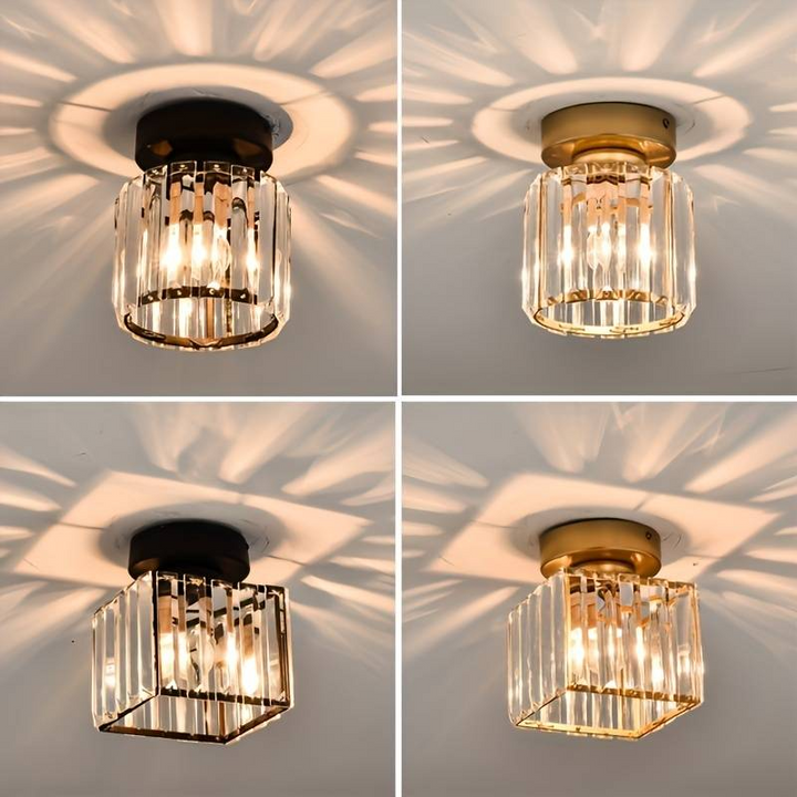 Modern black crystal flush mount ceiling light, sleek brass fixture, crystal shade, ideal for rooms with low ceilings.