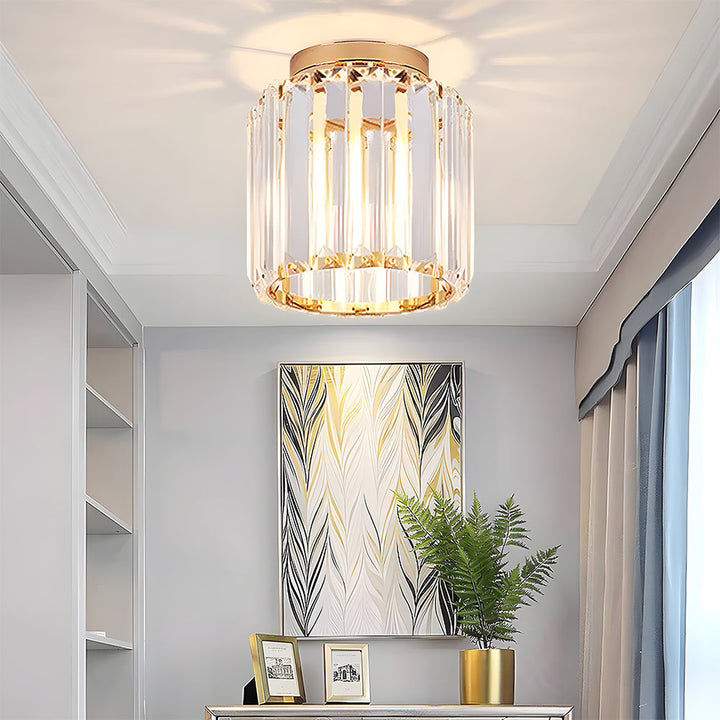 Modern black crystal flush mount ceiling light, sleek brass fixture, crystal shade, ideal for rooms with low ceilings.