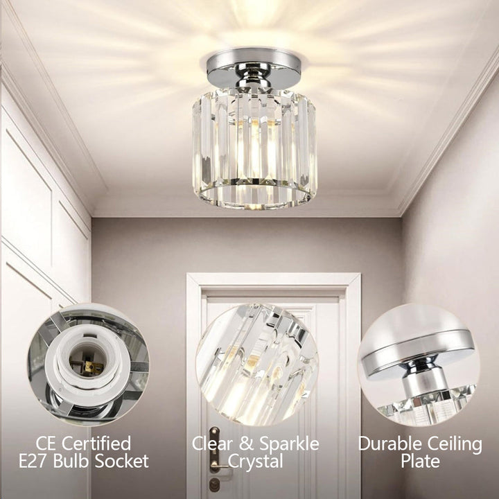 Modern black crystal flush mount ceiling light, sleek brass fixture, crystal shade, ideal for rooms with low ceilings.