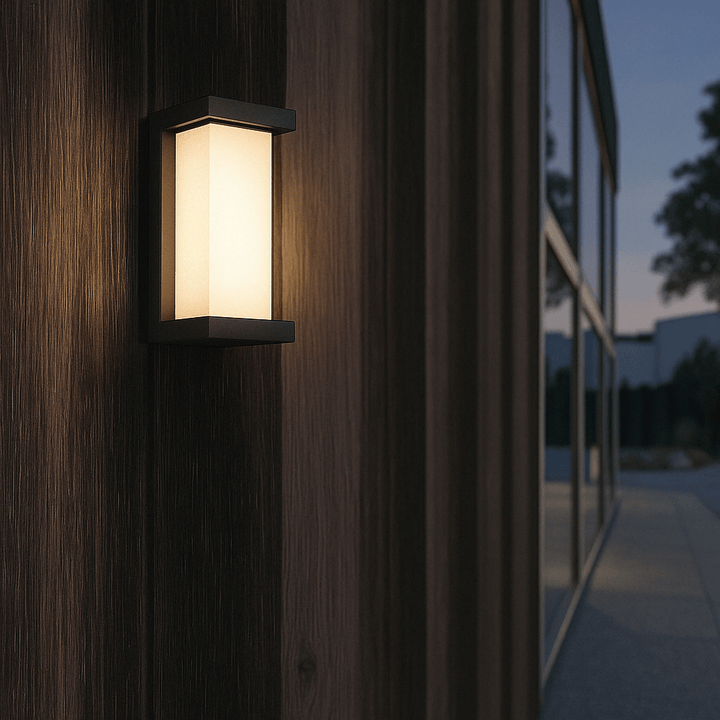 Modern black LED outdoor wall light with motion sensor, waterproof ABS, enhances security, suits balconies, porches, gardens.