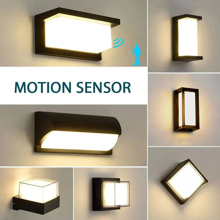 Modern black LED outdoor wall light with motion sensor, waterproof ABS, enhances security, suits balconies, porches, gardens.