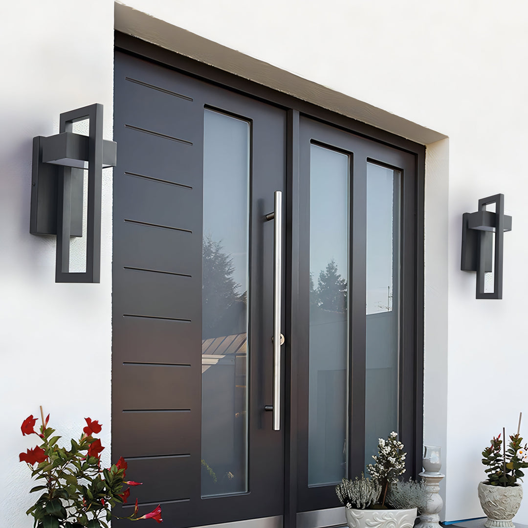 Modern black outdoor wall light with stainless steel finish, sleek design, perfect for enhancing exterior ambiance.
