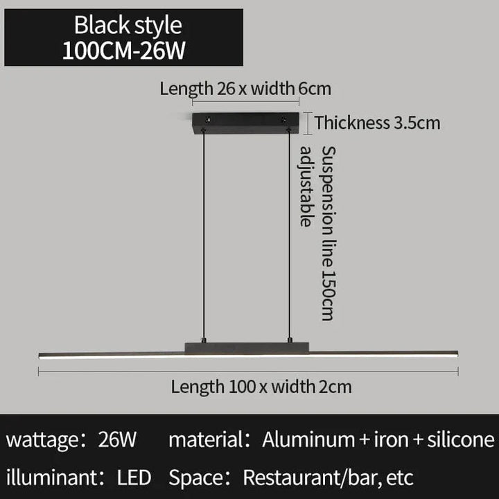 "Modern black pendant light with tubular silhouette, minimalist aluminium fixture, perfect for dining rooms and kitchens."