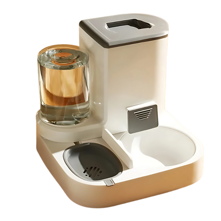 "Modern cat feeder with auto water dispenser, grey, sleek design, large 2.2kg food and 1L water capacity, pet supplies"