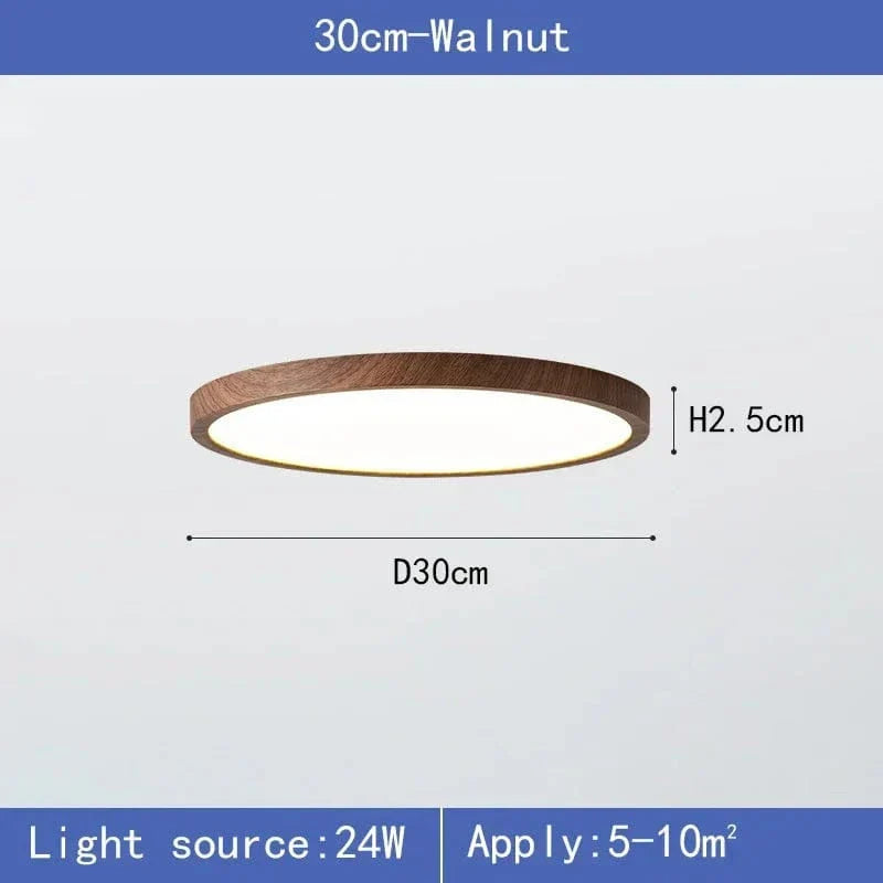 "Modern Circular Ultrathin Wooden LED Ceiling Light with natural or walnut finish, sleek 2.5 cm thick design, 30-40 cm size."
