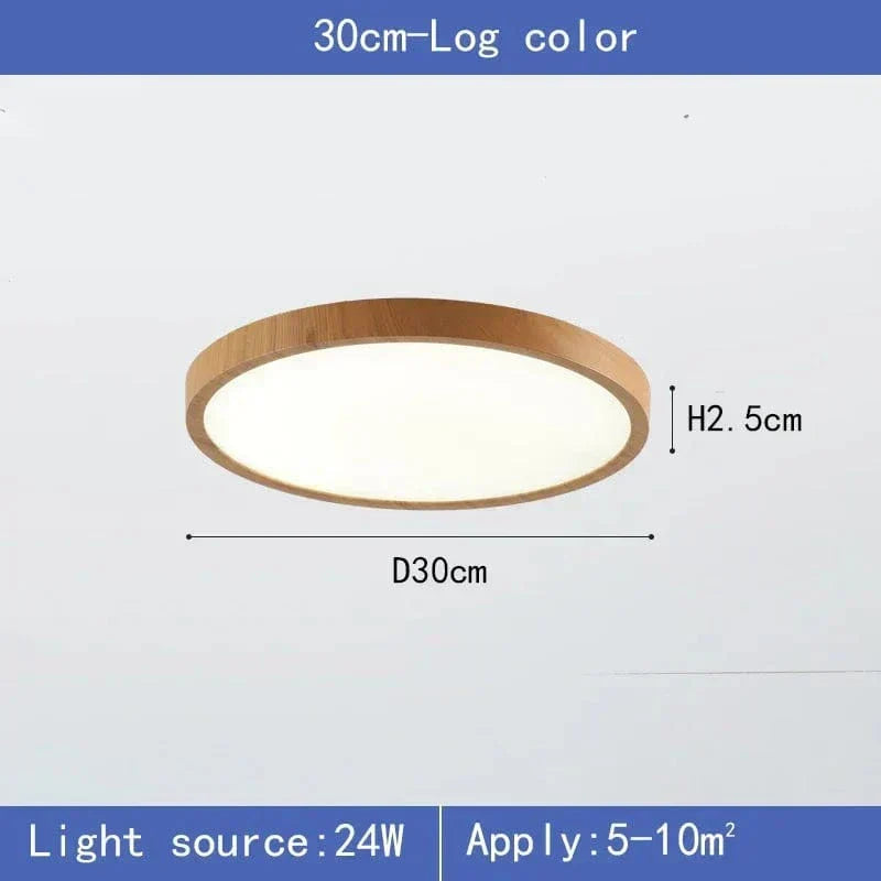 "Modern Circular Ultrathin Wooden LED Ceiling Light with natural or walnut finish, sleek 2.5 cm thick design, 30-40 cm size."