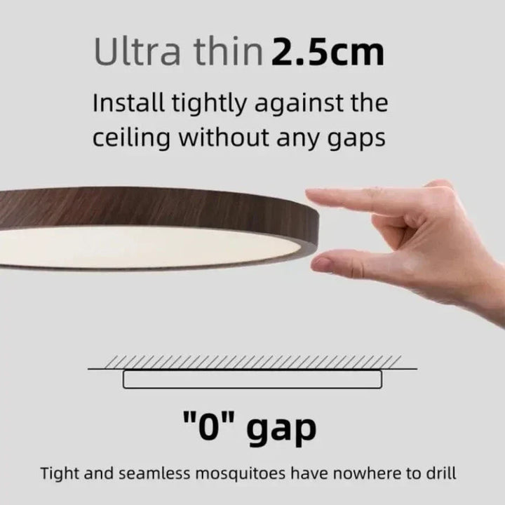 "Modern Circular Ultrathin Wooden LED Ceiling Light with natural or walnut finish, sleek 2.5 cm thick design, 30-40 cm size."