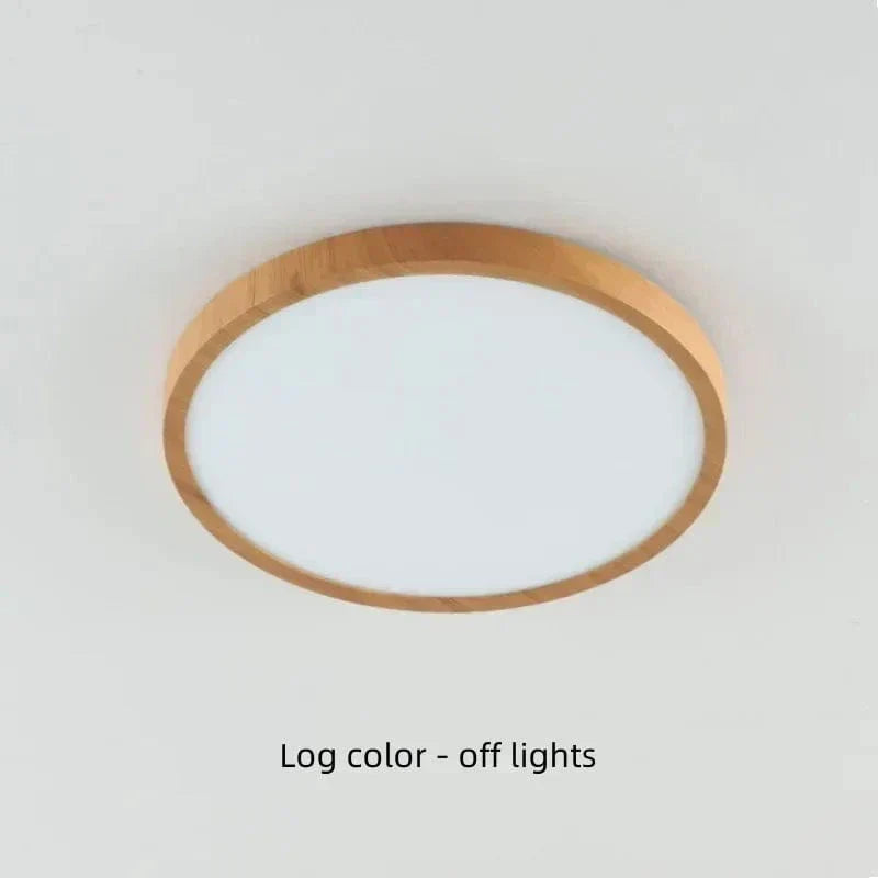 "Modern Circular Ultrathin Wooden LED Ceiling Light with natural or walnut finish, sleek 2.5 cm thick design, 30-40 cm size."