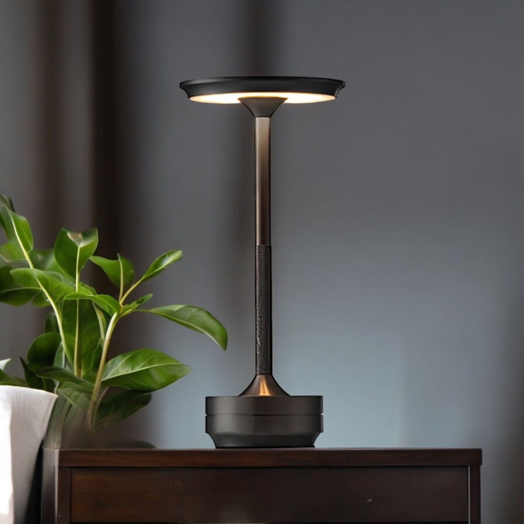 Modern cordless table lamp with touch control, Nordic design, gold frame, brushed finish, illuminating a stylish room.