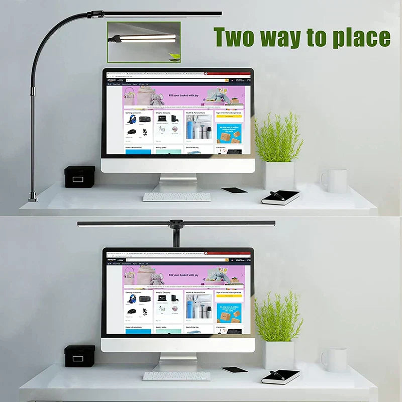 "Modern dual-head LED desk lamp, sleek black design, adjustable arms, ideal for office lighting and workspace focus."