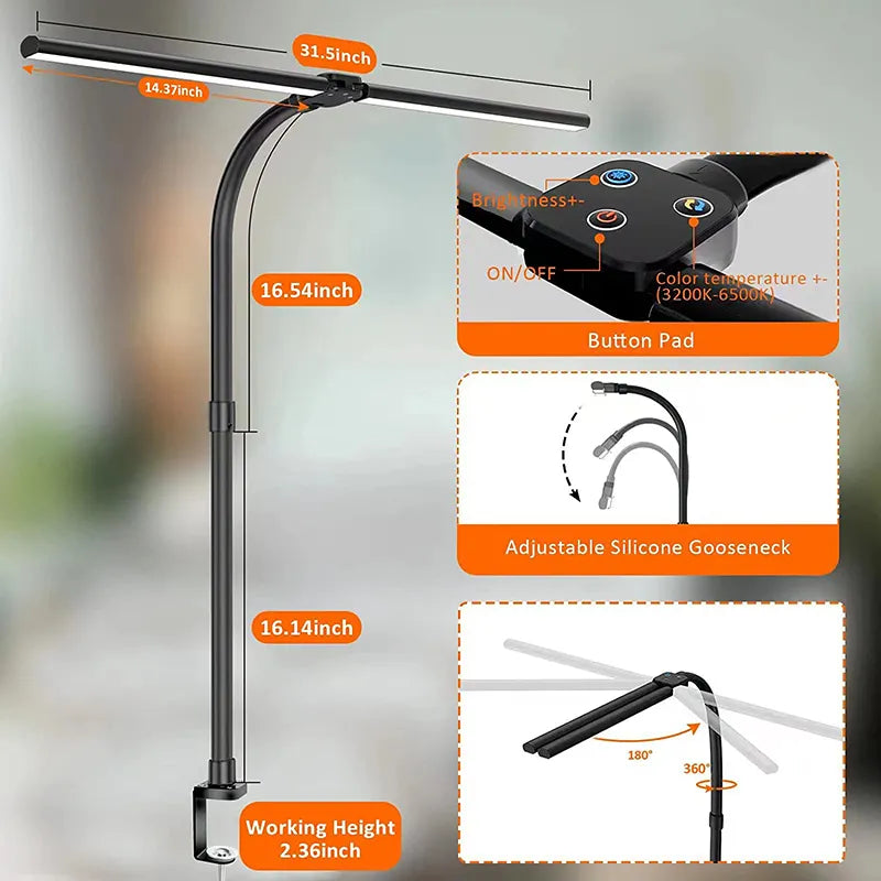 "Modern dual-head LED desk lamp, sleek black design, adjustable arms, ideal for office lighting and workspace focus."