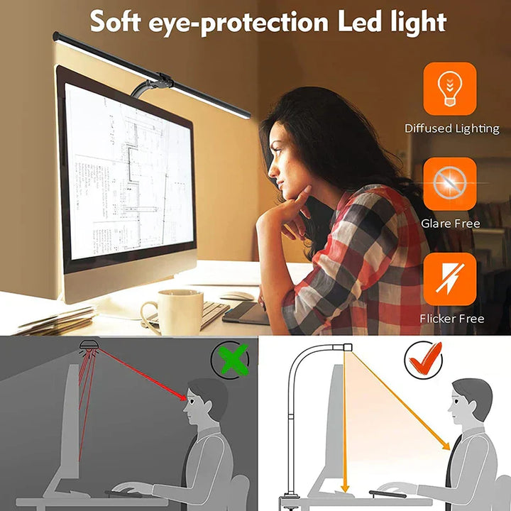"Modern dual-head LED desk lamp, sleek black design, adjustable arms, ideal for office lighting and workspace focus."
