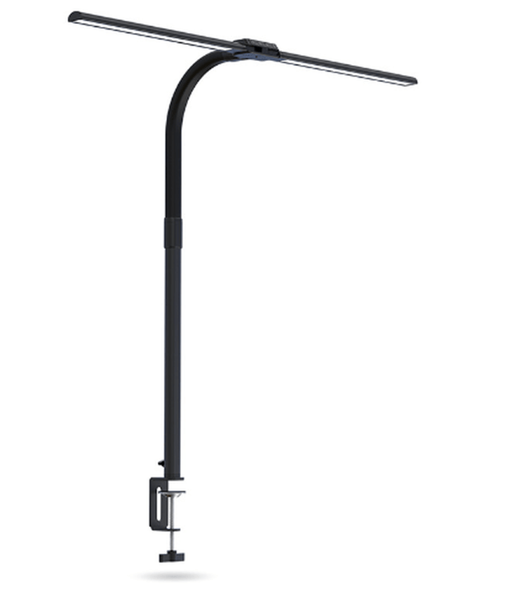 "Modern dual-head LED desk lamp, sleek black design, adjustable arms, ideal for office lighting and workspace focus."