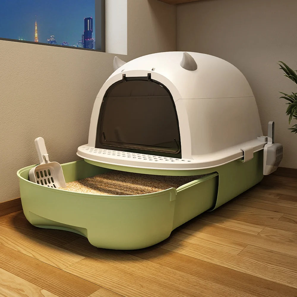 "Modern enclosed cat litter box with swing door, pull-out tray, high walls in grey and white, stylish pet supplies solution."
