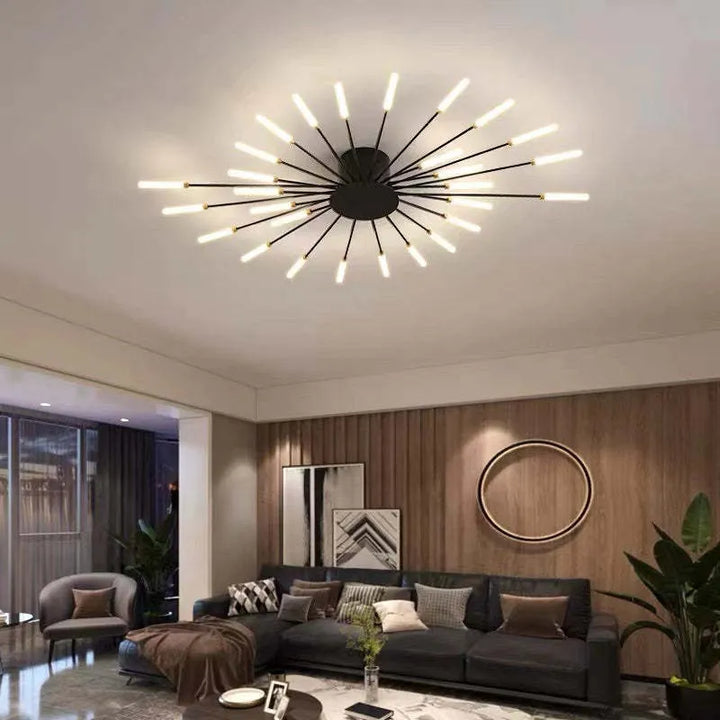 "Modern firework-inspired flush mount light with sleek metal and acrylic design, enhancing interior elegance and ambiance."