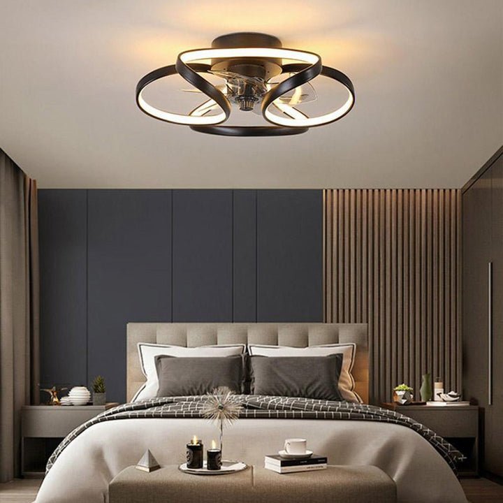 "Modern Flower LED Ceiling Fan Light with remote, featuring elegant bent blades and energy-efficient illumination."