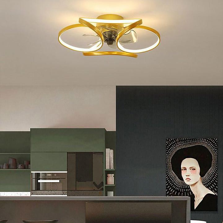 "Modern Flower LED Ceiling Fan Light with remote, featuring elegant bent blades and energy-efficient illumination."
