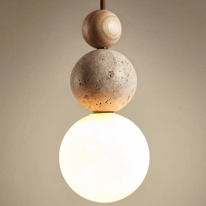 Travertine and mahogany geometric ceiling lamp, a contemporary addition to home decor.