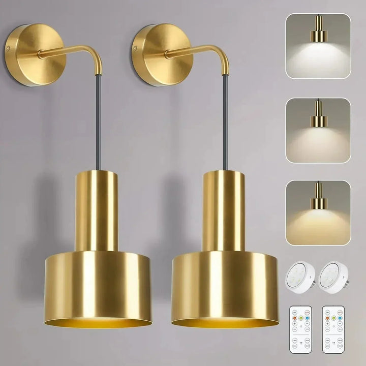 "Modern gold and black battery wall lamp with remote control, enhancing indoor ambiance with adjustable brightness levels."