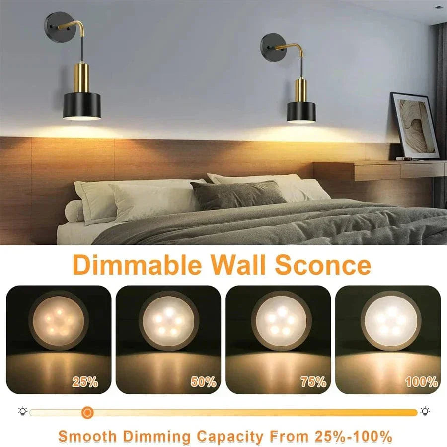 "Modern gold and black battery wall lamp with remote control, enhancing indoor ambiance with adjustable brightness levels."