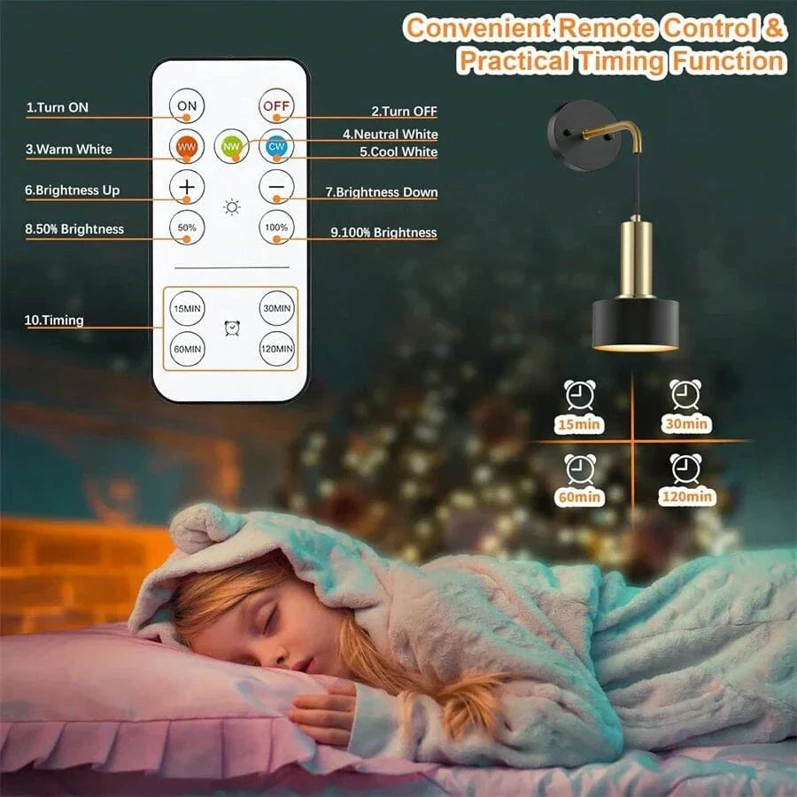 "Modern gold and black battery wall lamp with remote control, enhancing indoor ambiance with adjustable brightness levels."