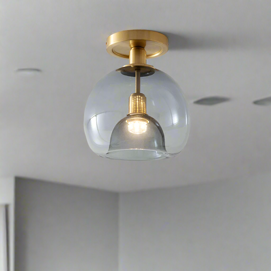 "Modern grey glass ceiling light, sleek and elegant, perfect for illuminating hallways with stylish, even lighting."