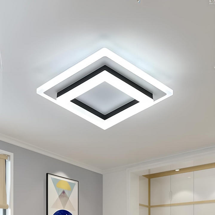 "Modern LED ceiling light with sleek square design, black finish, ideal for stylish hallways, emits bright 1920 lumens."
