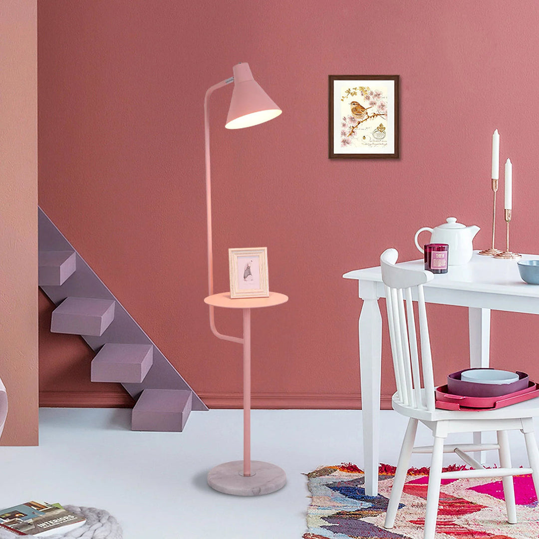 "Modern LED Macaron Floor Lamp with central tray, sleek metal and marble design, available in multiple colors for stylish lig