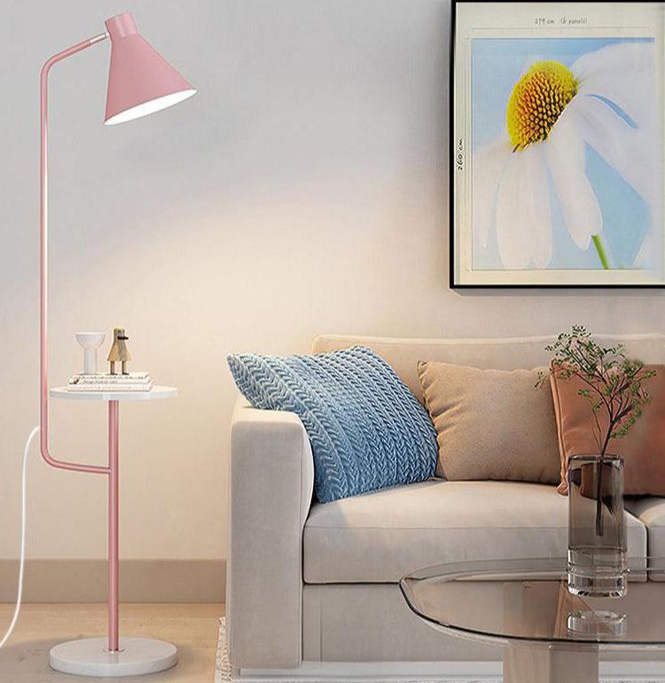 "Modern LED Macaron Floor Lamp with central tray, sleek metal and marble design, available in multiple colors for stylish lig