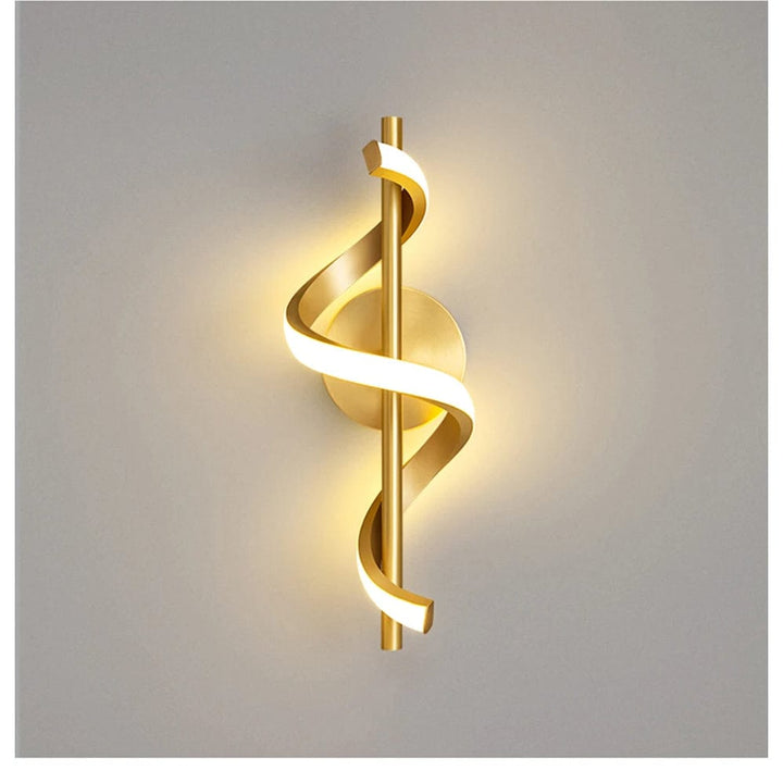 Modern LED wall sconce with adjustable gold arm and copper finish, ideal for ambient lighting in living rooms and bedrooms.