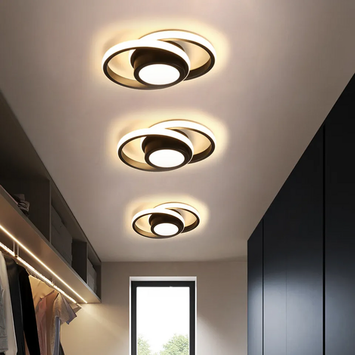 "Modern Minimalist Halo Duo Ceiling Light with a sleek, circular design providing warm, ambient LED illumination."