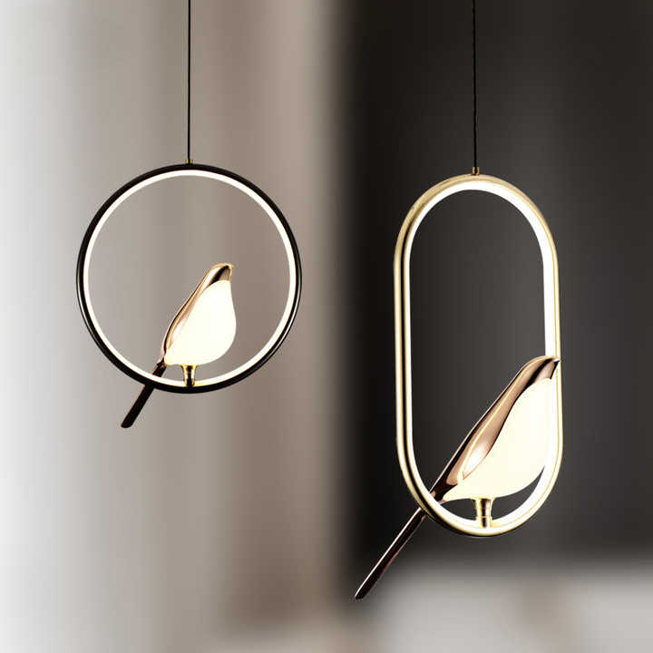 "Modern pendant light with elegant golden bird design in a minimalist frame, ideal for serene home environments."