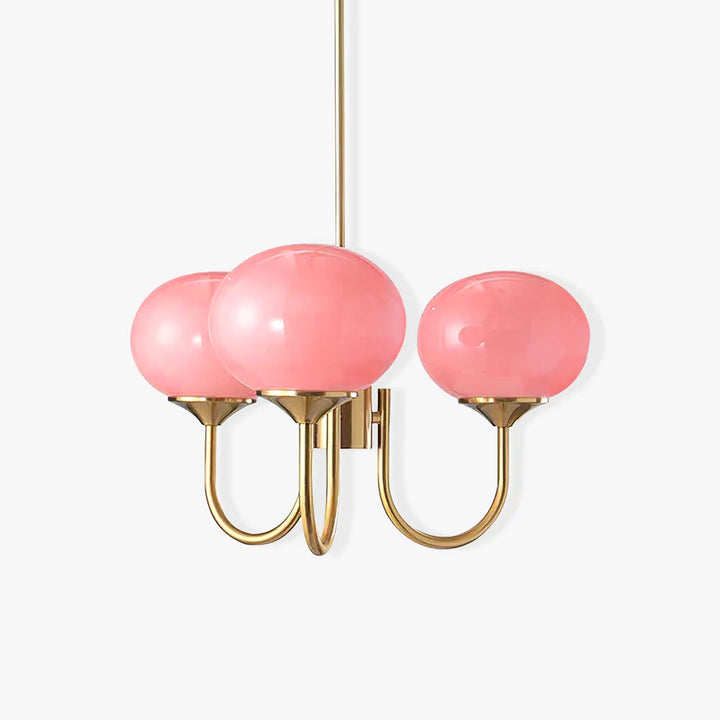 Modern pink and gold chandelier with elegant glass shades, ideal ceiling light fixture for chic home decor and illumination.