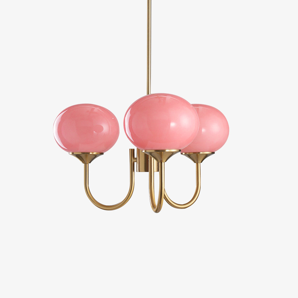 Modern pink and gold chandelier with elegant glass shades, ideal ceiling light fixture for chic home decor and illumination.