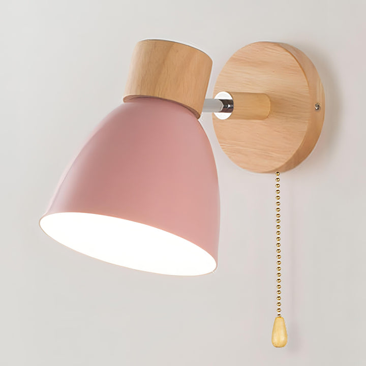 Modern Scandinavian wall light, natural wood frame, metal accents, pull switch, emits soft glow, fits minimalist decor.