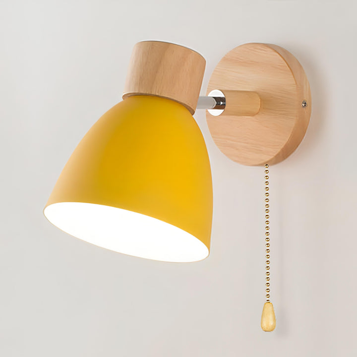 Modern Scandinavian wall light, natural wood frame, metal accents, pull switch, emits soft glow, fits minimalist decor.