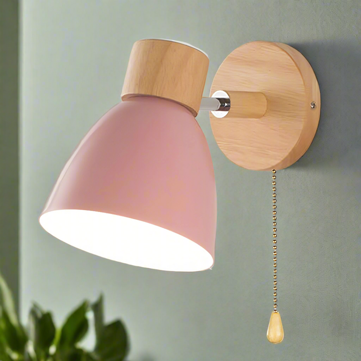 Modern Scandinavian wall light, natural wood frame, metal accents, pull switch, emits soft glow, fits minimalist decor.